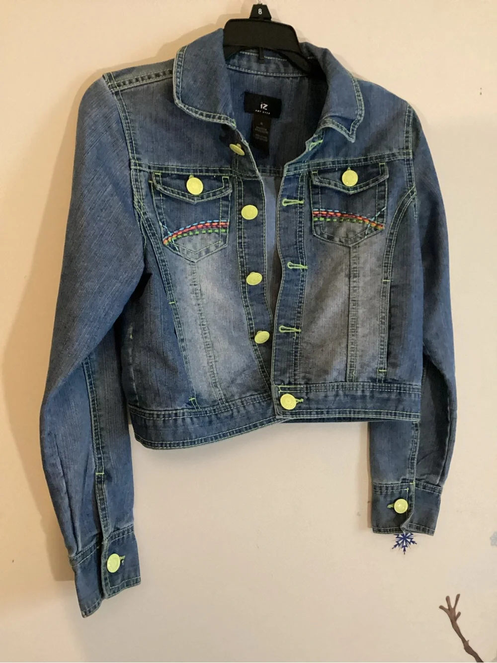 IZ Amy Byer Denim Jacket Girls Size XL Blue Embroidered Neon Buttons
